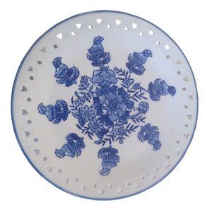 Vtg 8" Delf Blue Hand Painted Floral Heart Cutout Lace Edge Decorative
